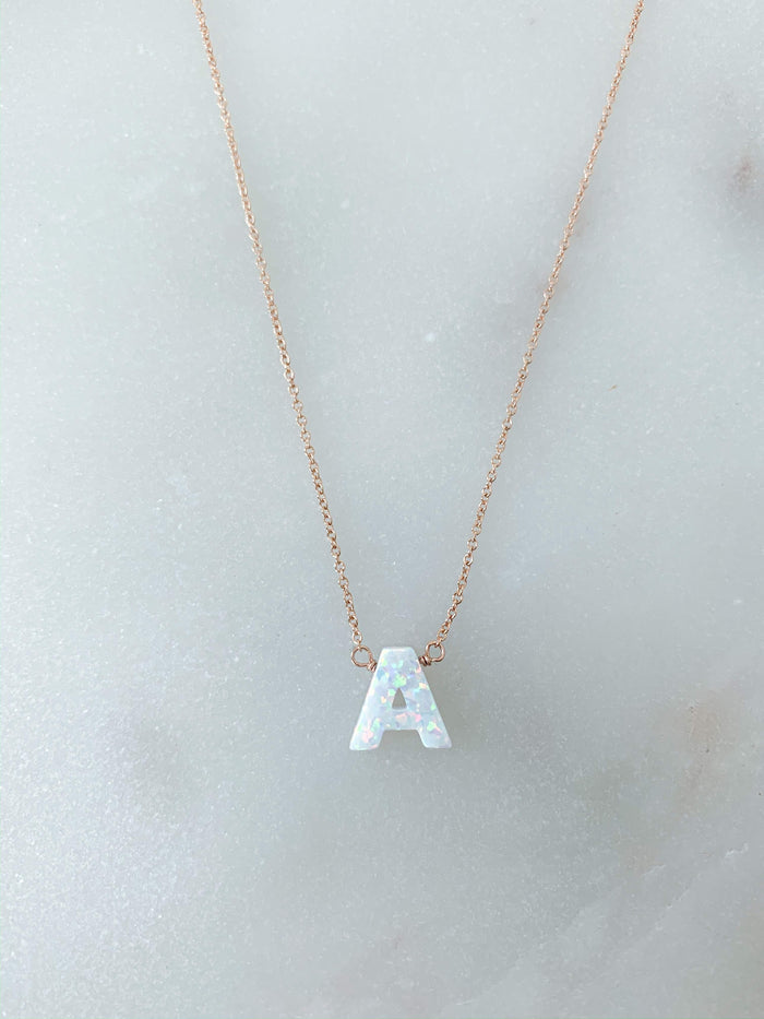 Opal Initial Necklace in Rose Gold