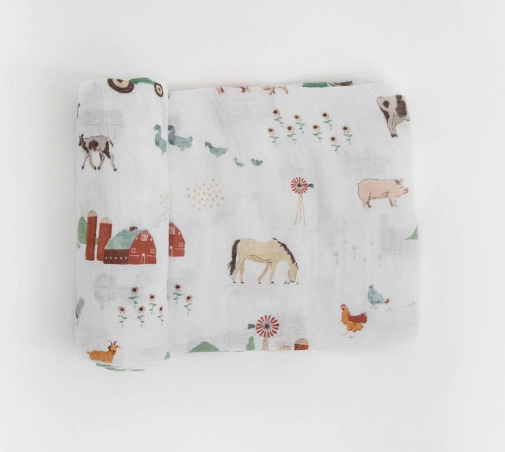 Little Unicorn Cotton Muslin Swaddle in Farmyard