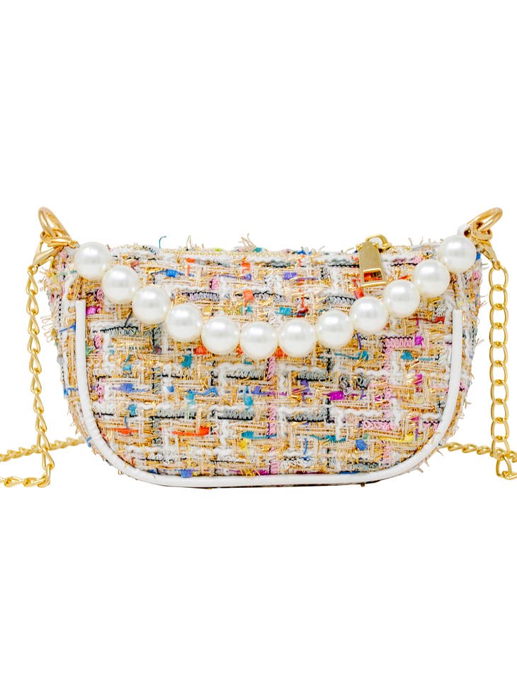 Zomi Gems Tweed Pearl Clutch Bag in White